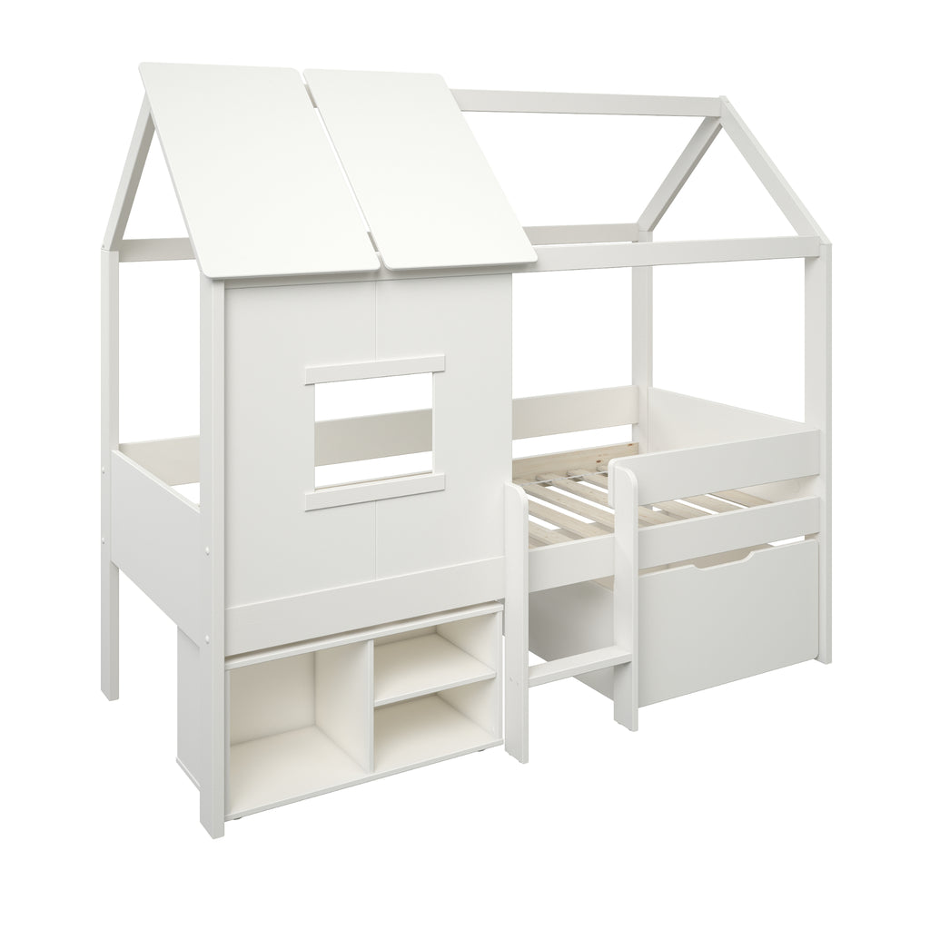 Mini Playhouse Midsleeper with storage on white background, angle