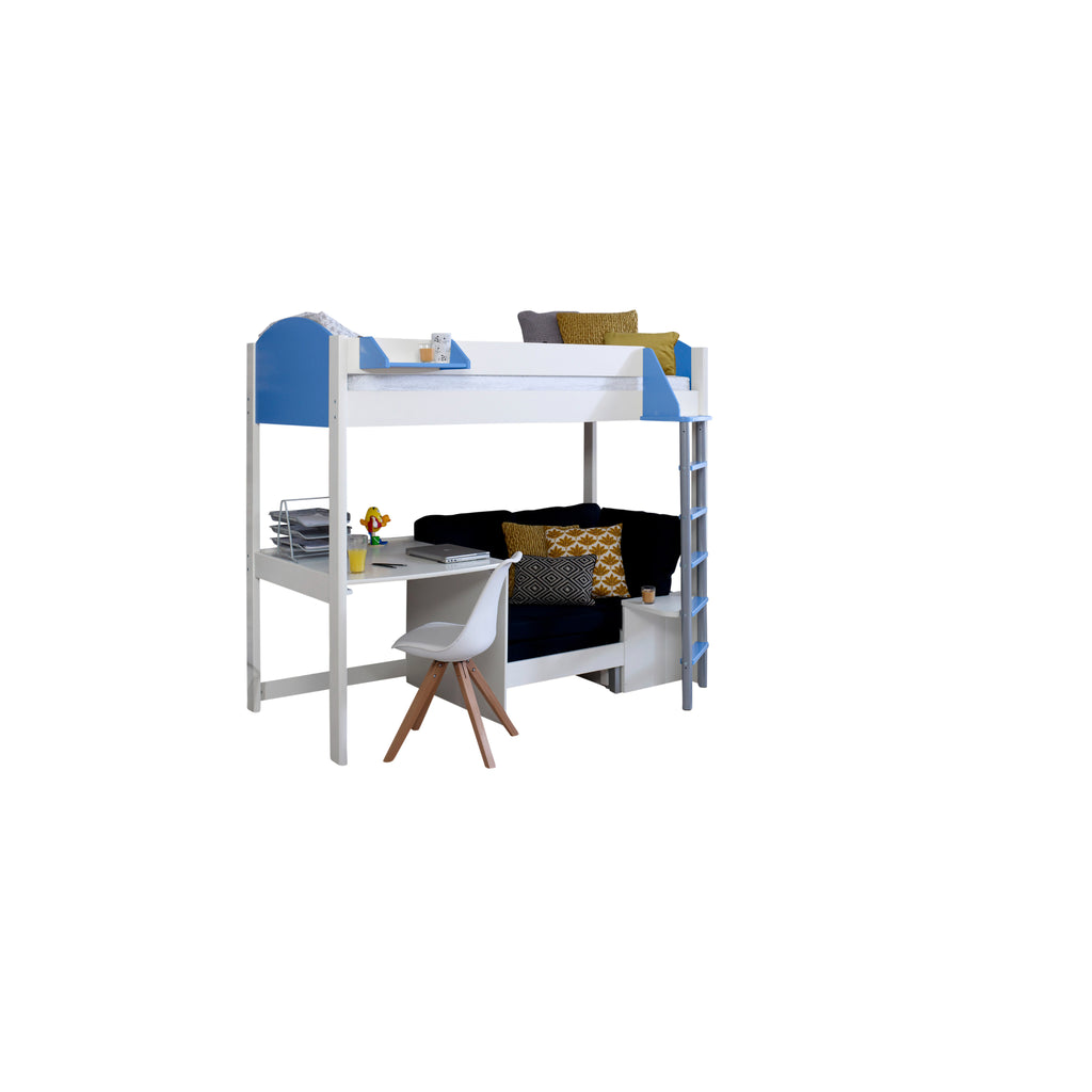 Noah Highsleeper with Desk & Chair Bed white & blue with black chair on white background