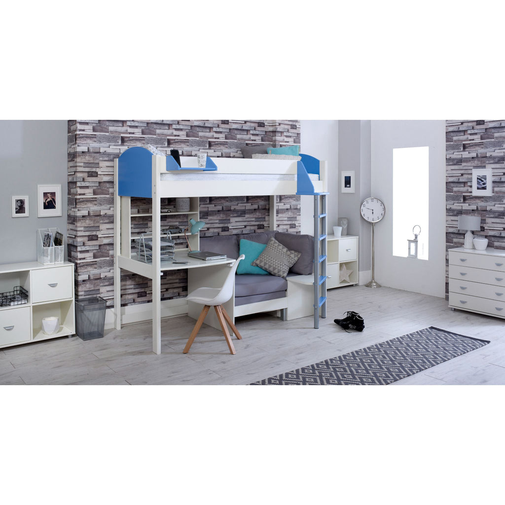 Noah Highsleeper with Desk, Shelves & Chair Bed white & blue with silver chair