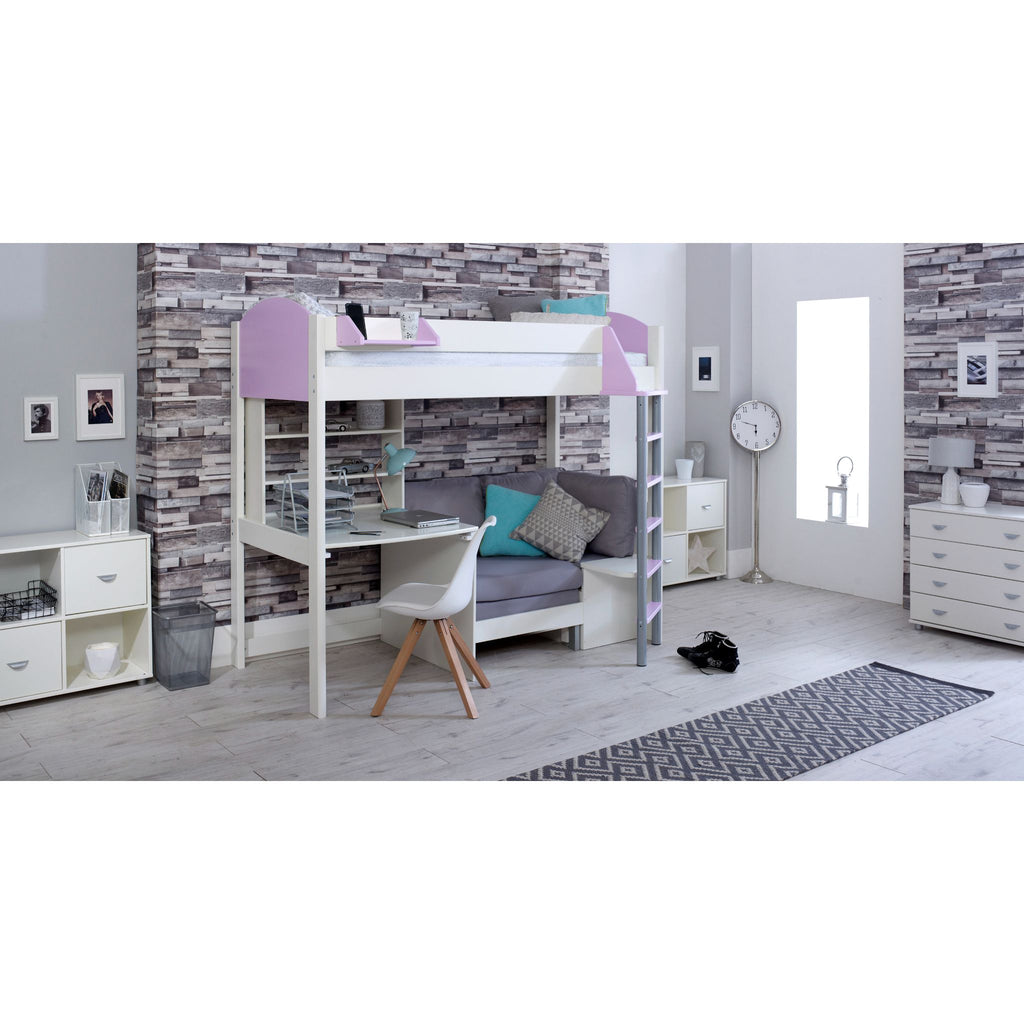 Noah Highsleeper with Desk, Shelves & Chair Bed white & lilac with silver chair