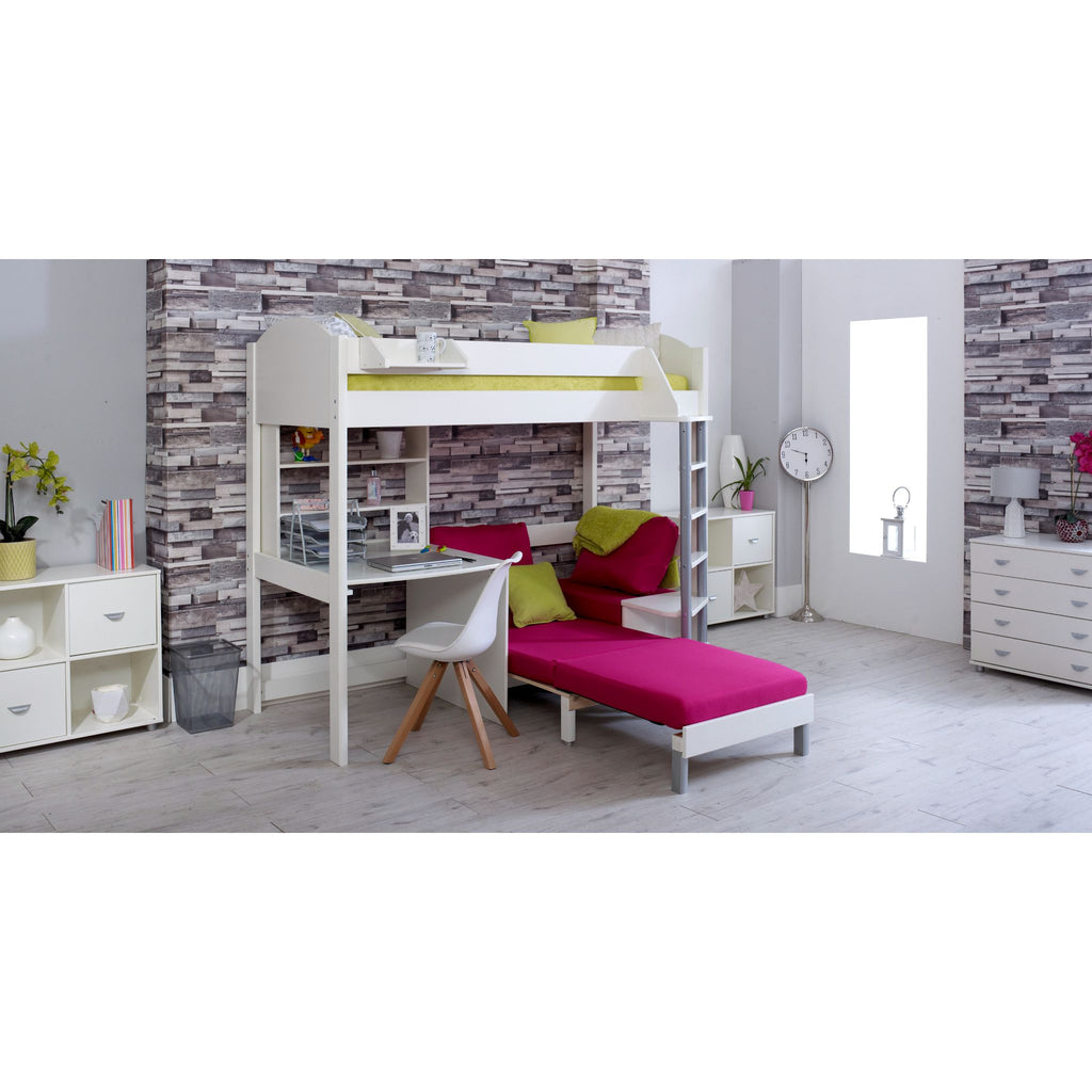 Noah Highsleeper with Desk, Shelves & Chair Bed white with pink chair, bed extended