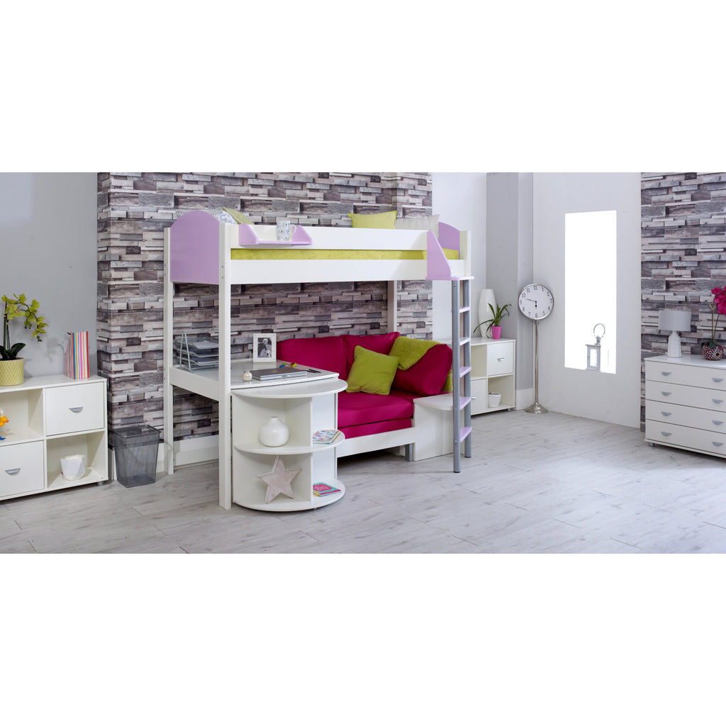 Noah Highsleeper with Extendable Desk & Chair Bed in white & lilac with pink chair