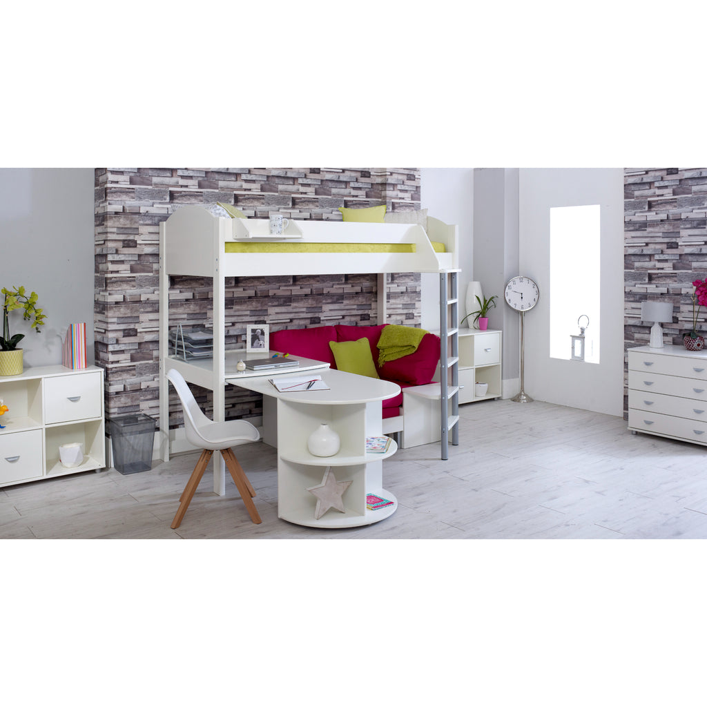 Noah Highsleeper with Extendable Desk & Chair Bed in white with pink chair, desk extended