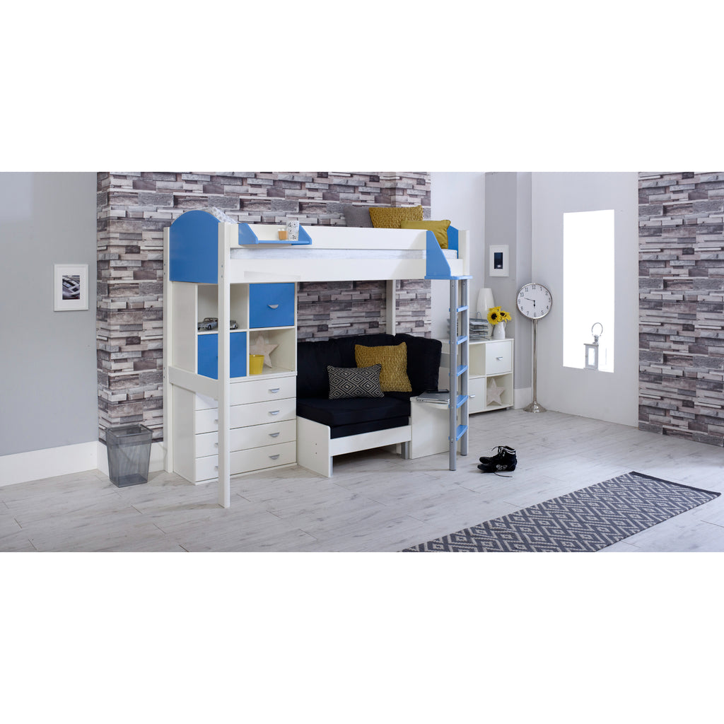 Noah Highsleeper with Chest of Drawers, Cube Storage & Chair Bed in white & blue with black chair 