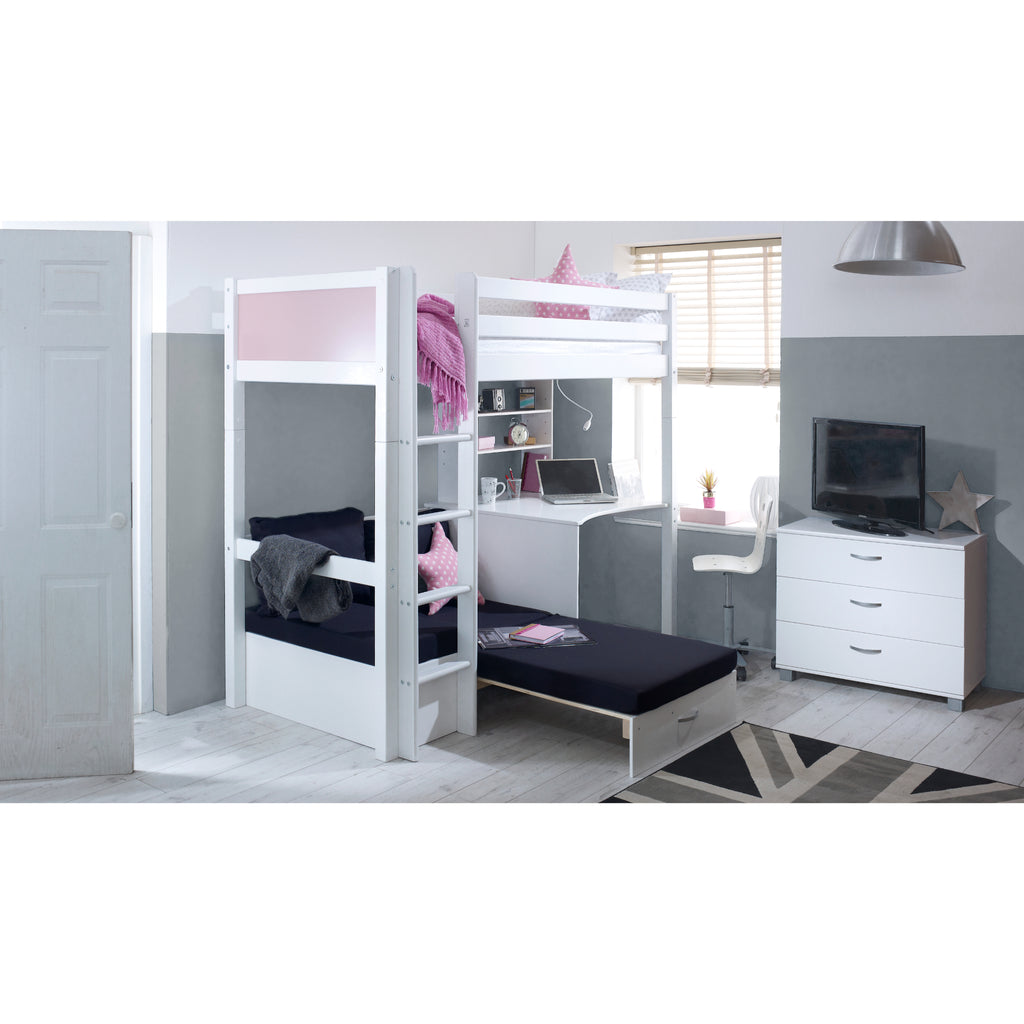 Thuka Nordic Highsleeper Bed with Sofabed, Desk & Shelving, black cushions & slatted endsThuka Nordic Highsleeper Bed with Sofabed, Desk & Shelving, black cushions & pink ends, sofabed extended