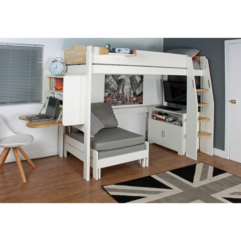 Urban Highsleeper with Desk, Shelves, Chair Bed & Cupboard, white & birch, chair folded away & desk extended