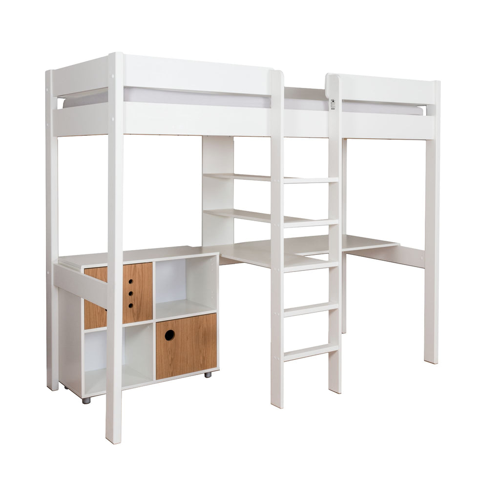 Stompa Duo Highsleeper with Integrated Desk & Cube Storage on whte background, oak doors