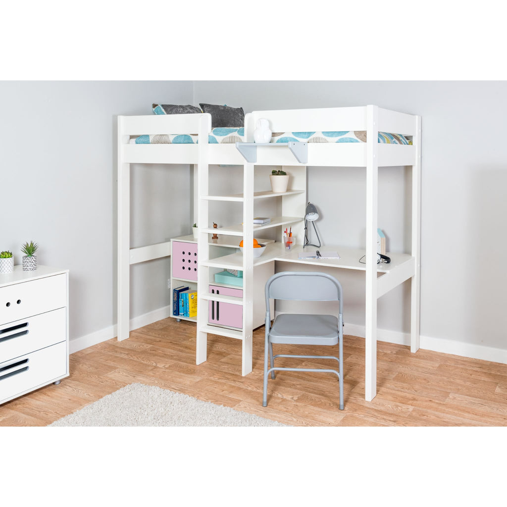 Stompa Duo Highsleeper with Integrated Desk & Cube Storage in furnished room, pink doors