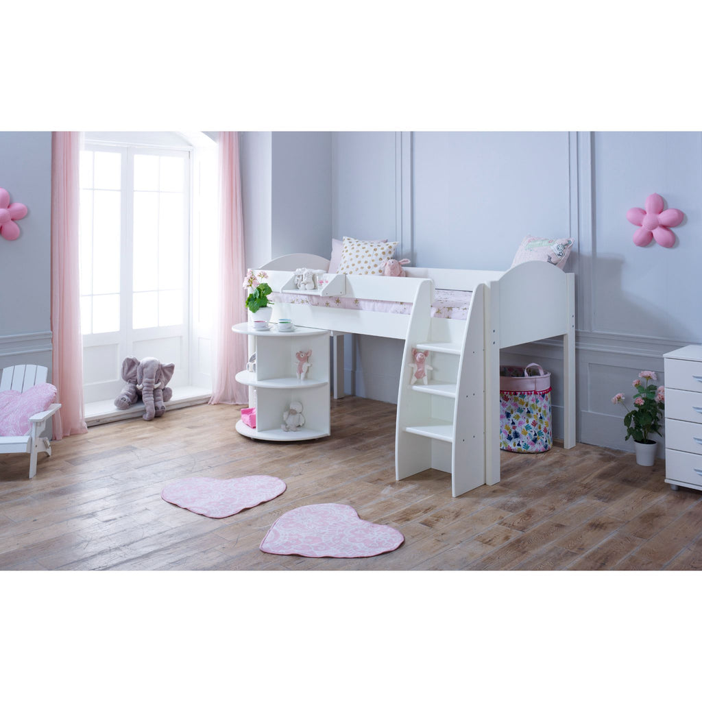 Eli Midsleeper with Pullout Desk in all white with desk retracted in a furnished child's bedroom