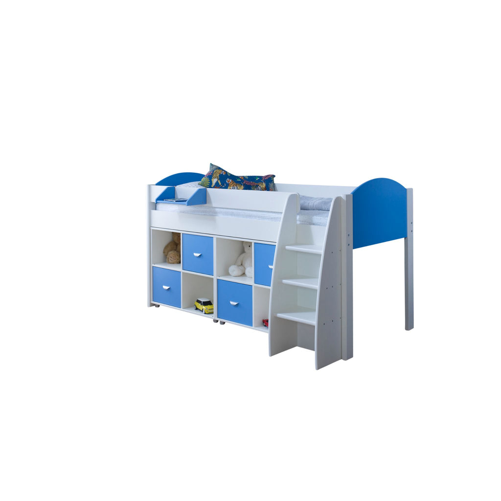 Eli Midsleeper with 2 cube units in white and blue and no background. The cube units are slightly pulled out from under the bed to provide an additional shelf.