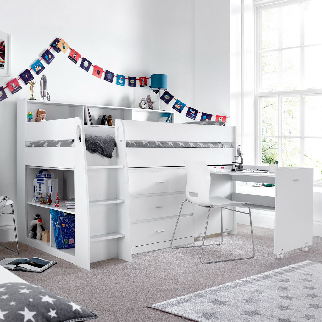Ersa Mid Sleeper Bed with Desk & Storage in white