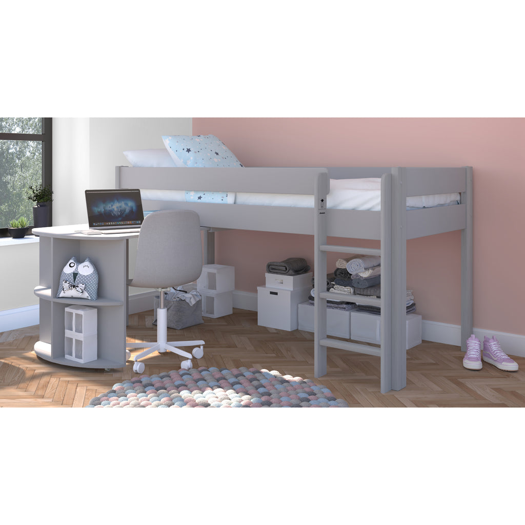 Stompa Uno Midsleeper with Pull-Out Desk in grey in furnished room