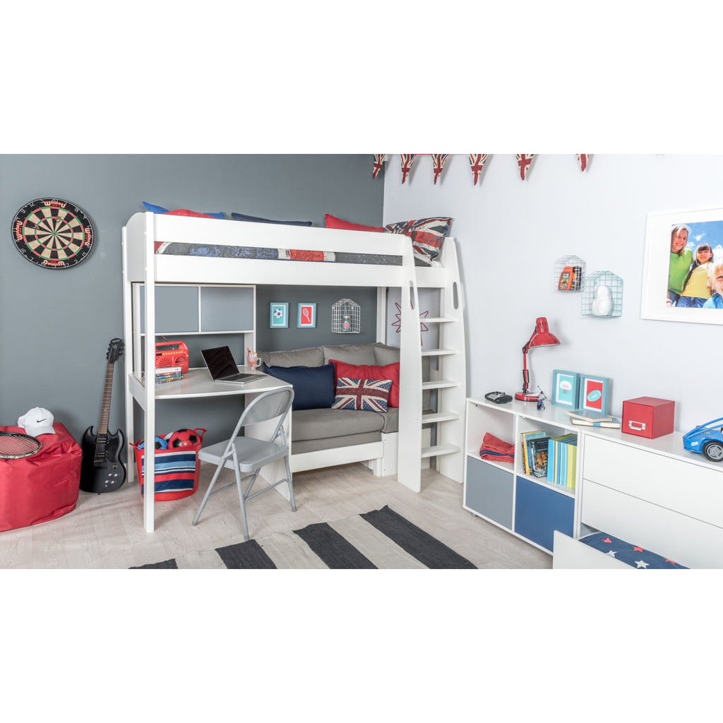 Stompa UnoS Highsleeper With Sofa Bed, Fixed Desk & Hutch in grey