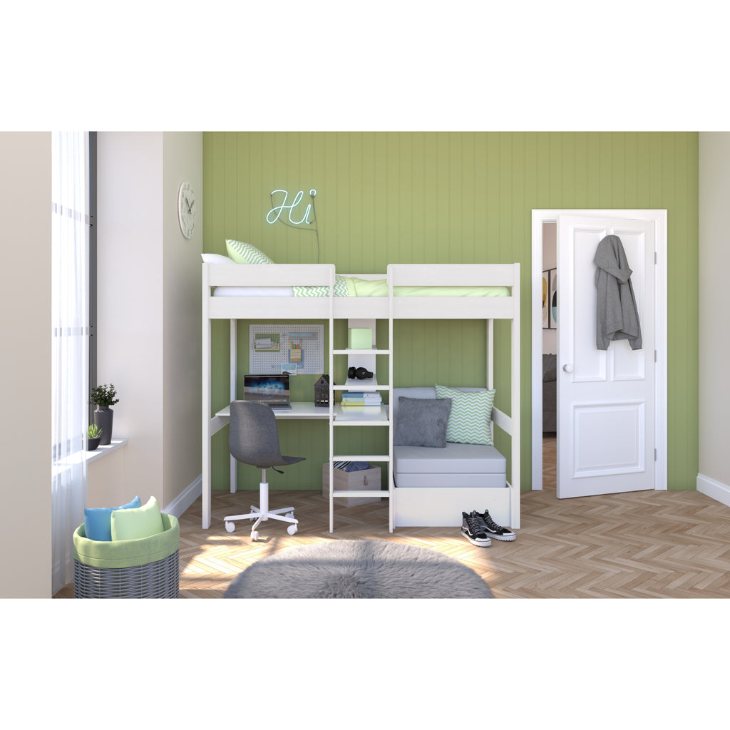 Stompa Uno Highsleeper with Integrated Desk, Shelving & Chair Bed in white in furnished room, wide shot